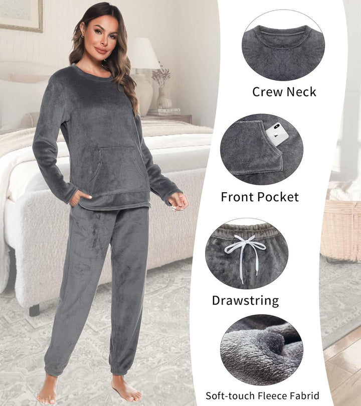 Lovasy Fleece Schlafanzug Damen Lang Winter Warmer Pyjama Set Flauschiger Frottee Schlafanzüge für D