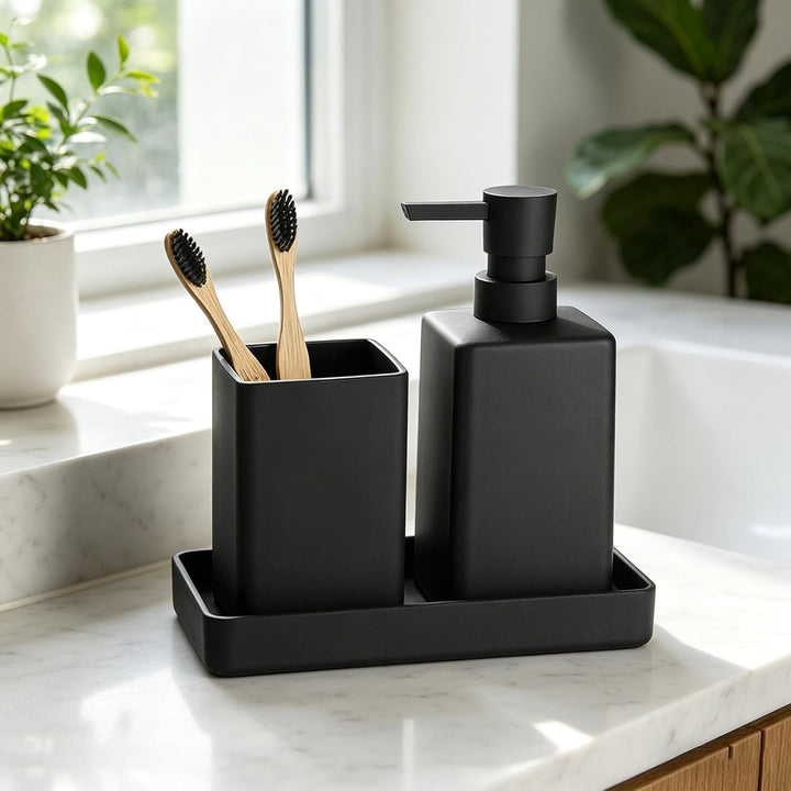 GAHEFY Badezimmer Accessoires Set 5-teilig – Edelstahl Mülleimer 5L mit Soft-Close Deckel, WC Bürste