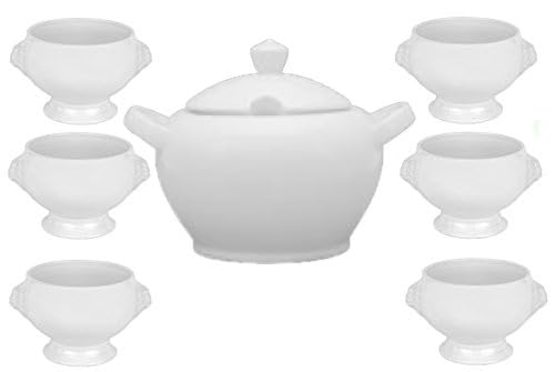 van Well Set Löwenkopfterrine mit Deckel Porzellan 2,75 Liter & 6 Suppenschalen 0,4 Liter weiss – Kl