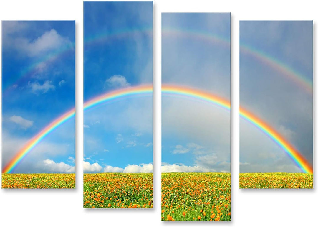 islandburner Bild auf Leinwand Landschaft Mit Blühendem Feld Und Regenbogen Bilder Wandbilder Poster