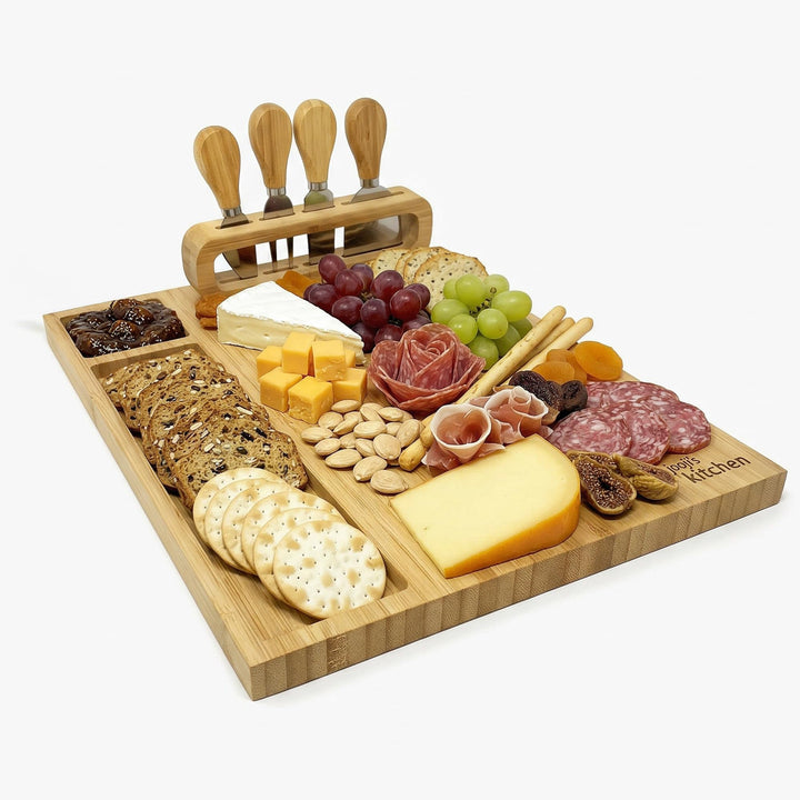 Joejis Käseplatte Bambus - Käsebrett mit Käsemesser Set - Cheese Board - Holz Servierplatte - Ideal