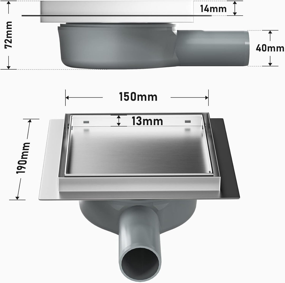 Bodenablauf Dusche Edelstahl,15cm 2in1 Befliesbar Duschrinne Duadratisch mit 360°Siphon,Aufgerüstete