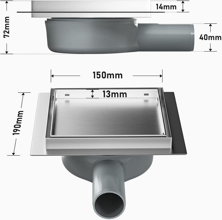 Bodenablauf Dusche Edelstahl,15cm 2in1 Befliesbar Duschrinne Duadratisch mit 360°Siphon,Aufgerüstete