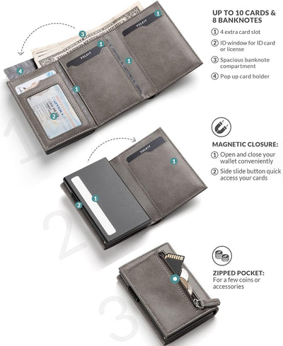 VULKIT Kreditkartenetui RFID-blockierende Pop-Up-Kartentasche aus Echtem Leder mit Geldscheinfach, A