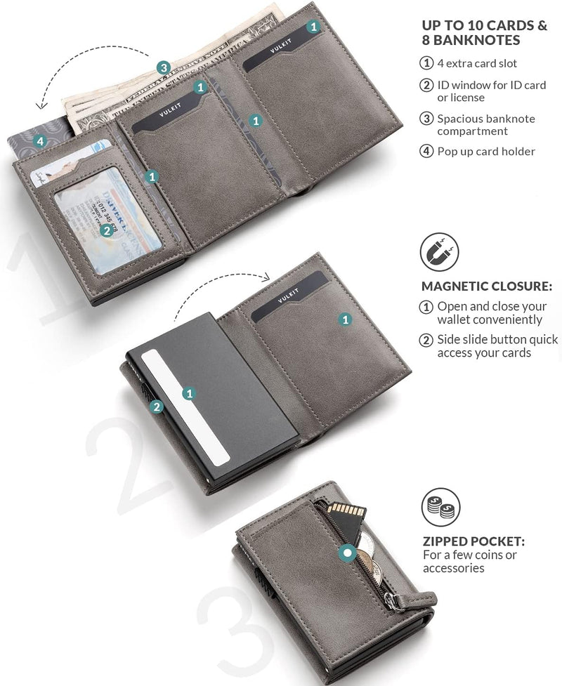 VULKIT Kreditkartenetui RFID-blockierende Pop-Up-Kartentasche aus Echtem Leder mit Geldscheinfach, A
