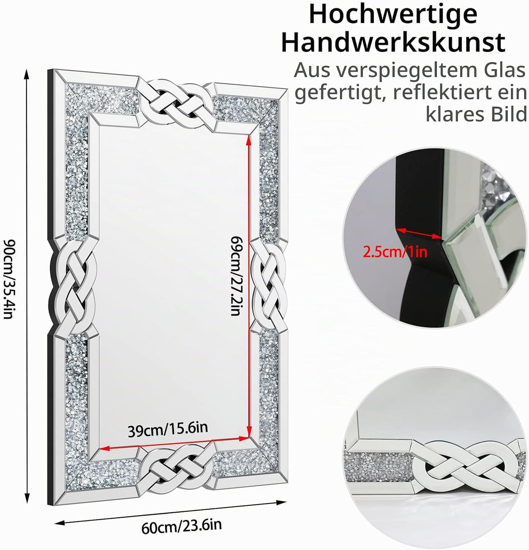 Artloge Dekorative Luxus Kristall Wandspiegel 90×60, Modern Spiegel mit Metall Haken - Badspiegel fü