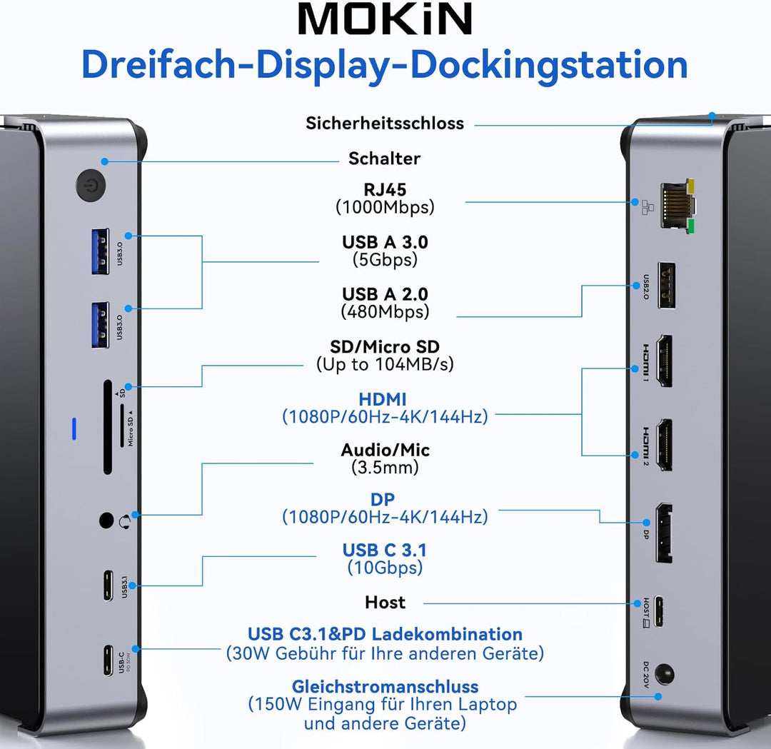 USB C Docking Station 3 Monitors, Triple Display Dock mit 2 HDMI DP 4K@144Hz, 15 in 1 Laptop Docking