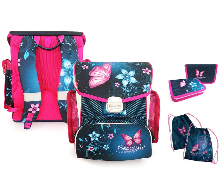 SCOOLSTAR Schmetterling Schulranzen Set MÄDCHEN 1 KLASSE | Set 3 TEILIG FÜR GRUNDSCHULE | INKL. FEDE