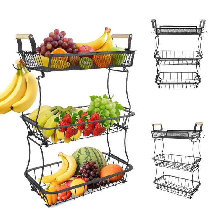 LANTUS Obstkorb mit 2 Bananenaufhängern, Obstständer für Zwiebeln, Snacks und Gemüse, für Küchenthek