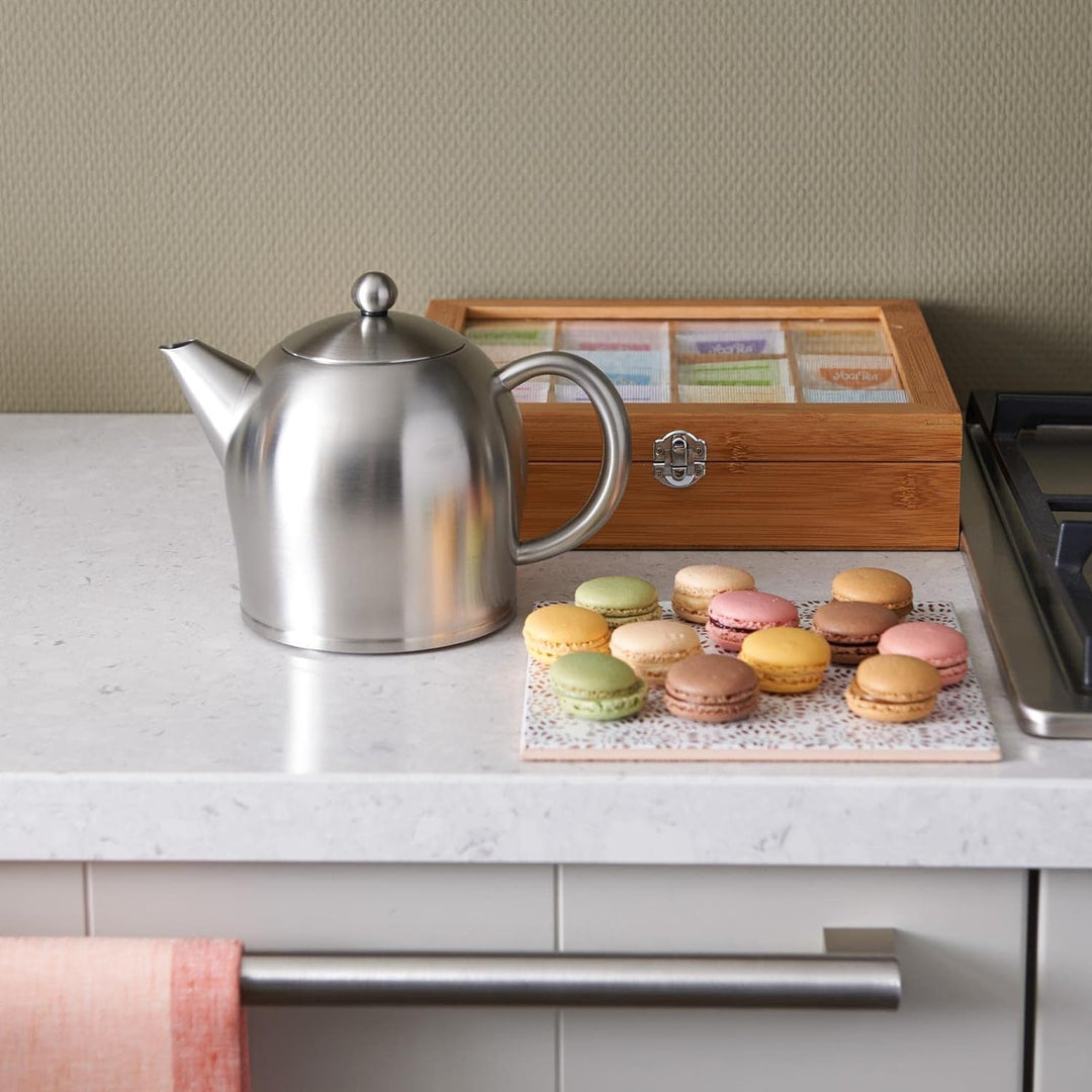 Teekanne Set 1.0 Liter - Edelstahl matt doppelwandig - Grosser Teebereiter mit Tee-Filter-Sieb-Aufsa
