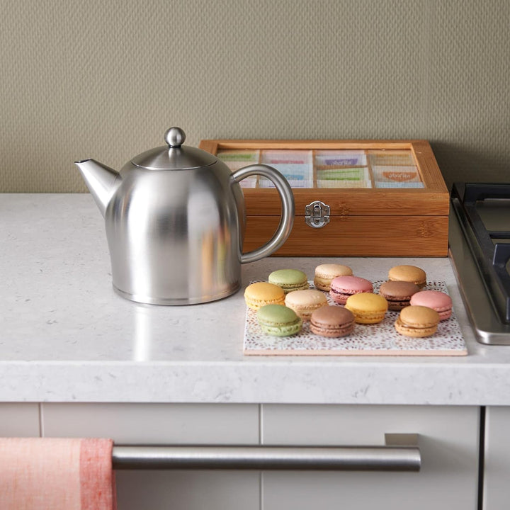 Teekanne Set 1.0 Liter - Edelstahl matt doppelwandig - Grosser Teebereiter mit Tee-Filter-Sieb-Aufsa