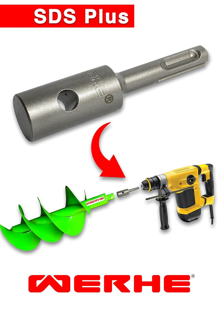 WERHE® Profi Bohrer VollStahl, Erdbohrer für bohrmaschine 80 mm extrem robust mit SDS Plus Adapter -