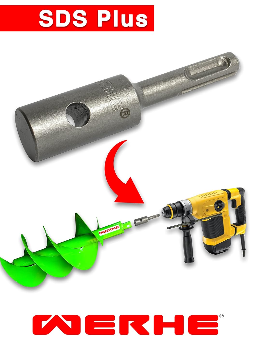 WERHE® Profi Bohrer VollStahl, Erdbohrer für bohrmaschine 60 mm extrem robust mit SDS Plus Adapter -