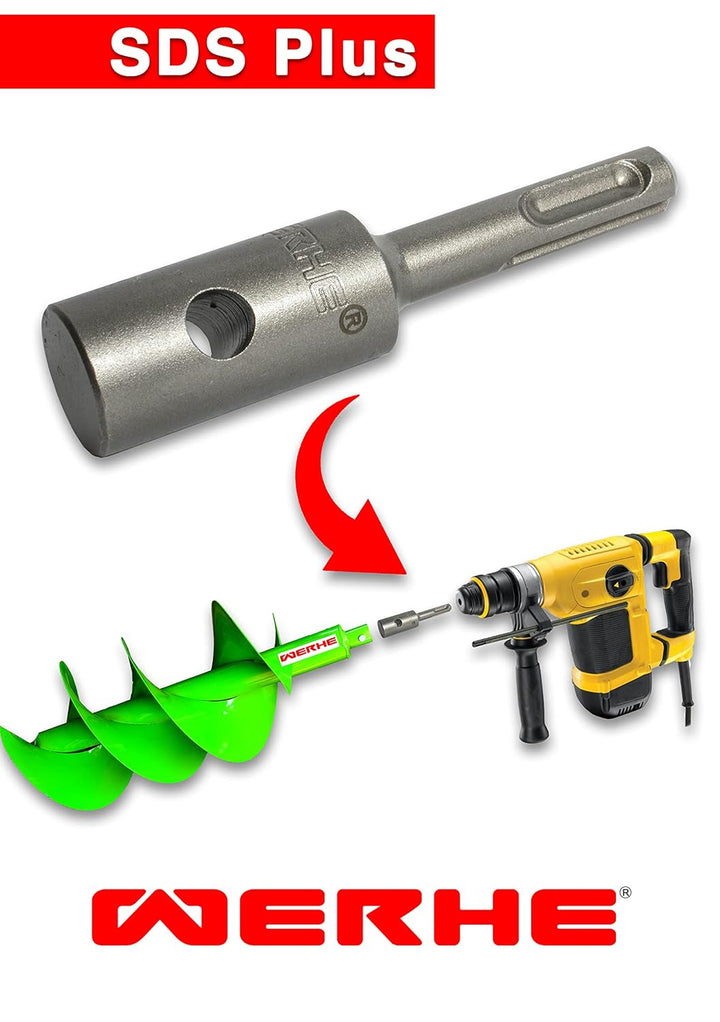 WERHE® Profi Bohrer VollStahl, Erdbohrer für bohrmaschine 60 mm extrem robust mit SDS Plus Adapter -