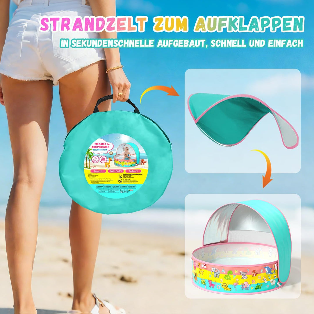 Baby Planschbecken mit Dach, Pop-Up Strandmuschel Baby UV Schutz 50+ mit Aufbewahrungstasche, 4 in 1
