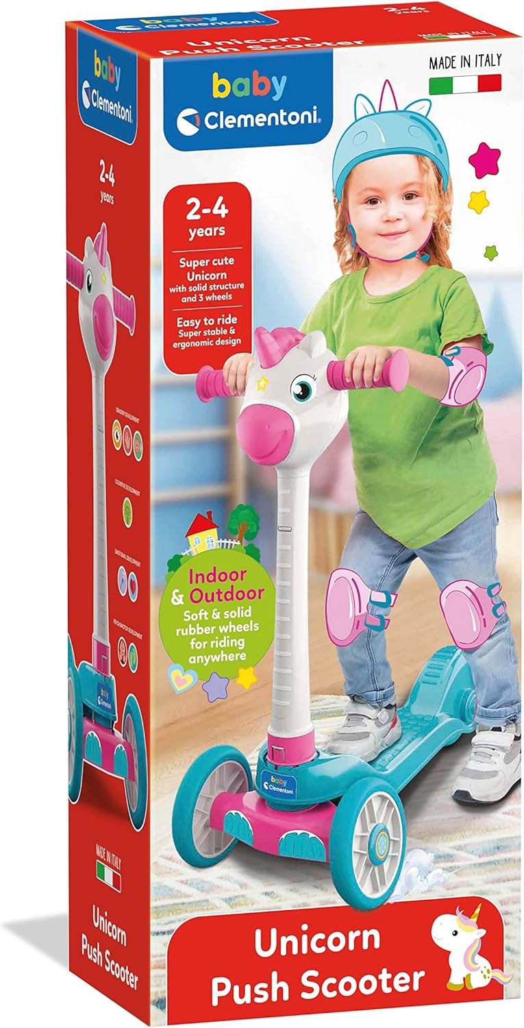 CLEMENTONI Unisex Kinder 120 Baby Unicorn Push Scooter für Mädchen 2 Jahre mit 3 Rädern, Outdoor-Spi