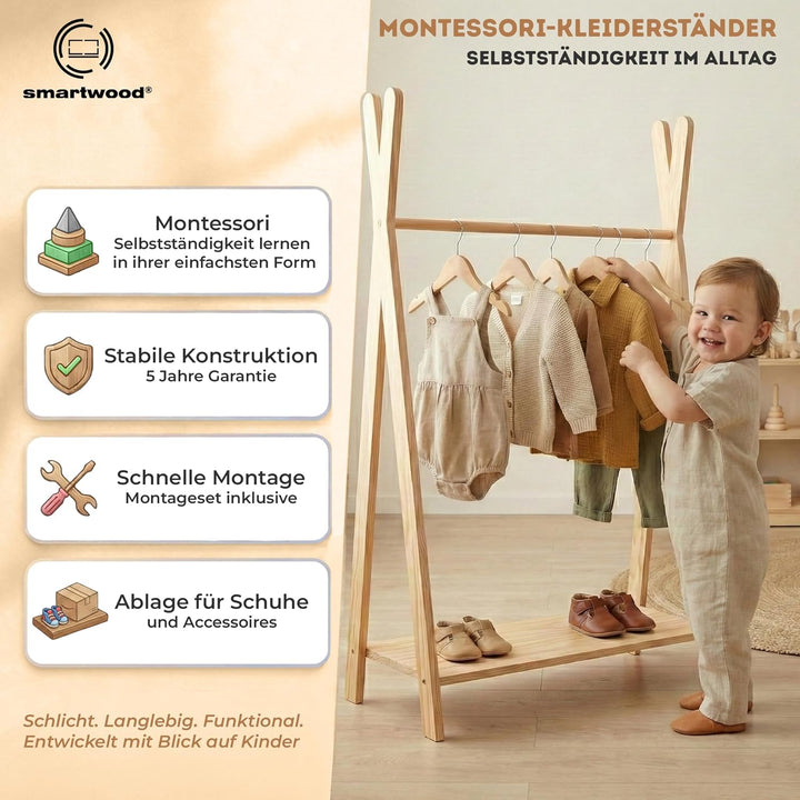 smartwood TIPI M - Kleiderständer für Kinder, Montessori Kindergarderobe mit Ablage - 3 Grössen, Nat