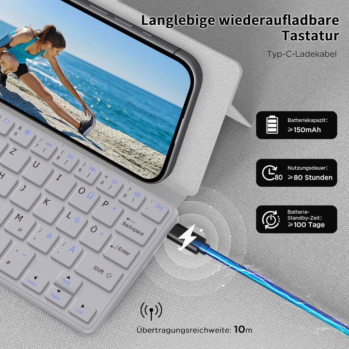 CACOE Mini Bluetooth Tastatur mit Ständer für Handy, Ultraflache Tragbare, Faltbare, Dual-Channel Ta