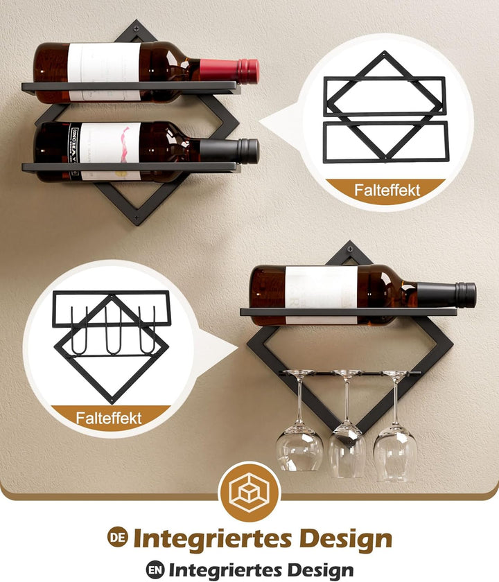 Yorbay Wand Metall Weinregal mit Glashalter: Modern Dekorativ Flaschenregal für 3 Flaschen und bis z