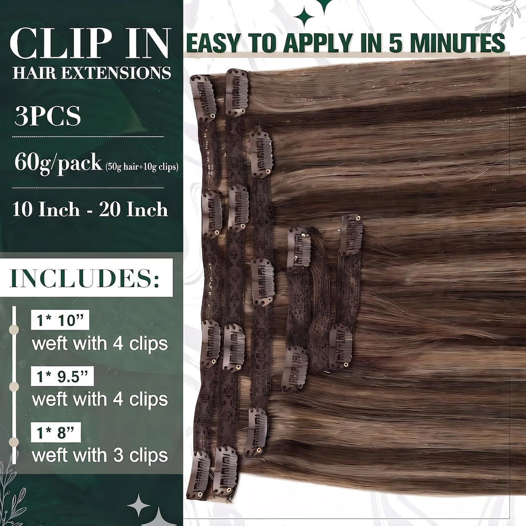 RUNATURE Echthaar Extensions Clip in Dunkelbraun mit Dunkelblond Echthaar Clip in Extensions Braun C