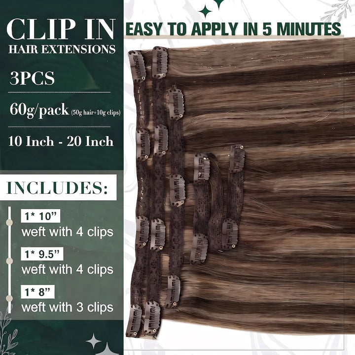 RUNATURE Echthaar Extensions Clip in Dunkelbraun mit Dunkelblond Echthaar Clip in Extensions Braun C