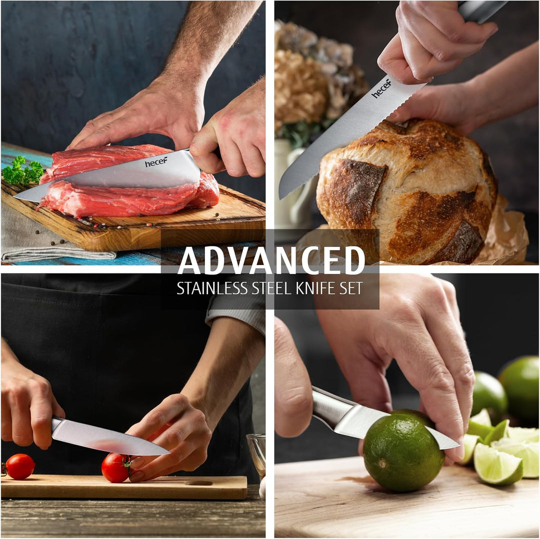 hecef 5-tlg Messerset, Scharfes Küchenmesser Set, Alles in Edelstahl Silber Schneidemesser, Chefmess