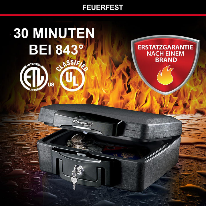 Master Lock Tresor Feuerfest und Wasserdicht mit Schlüssel, Dreifacher Schutz - Flug, Feuer und Flut