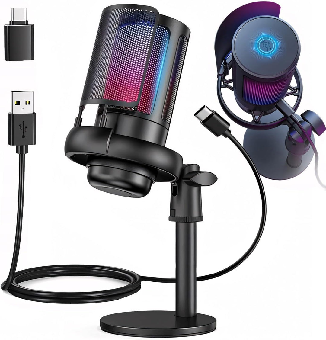 Retoo Gaming Mikrofon RGB, USB Mikrofon mit EIN-klick-Stummschaltfunktion, Rauschunterdrückung, Laut