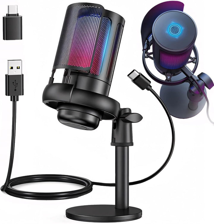 Retoo Gaming Mikrofon RGB, USB Mikrofon mit EIN-klick-Stummschaltfunktion, Rauschunterdrückung, Laut