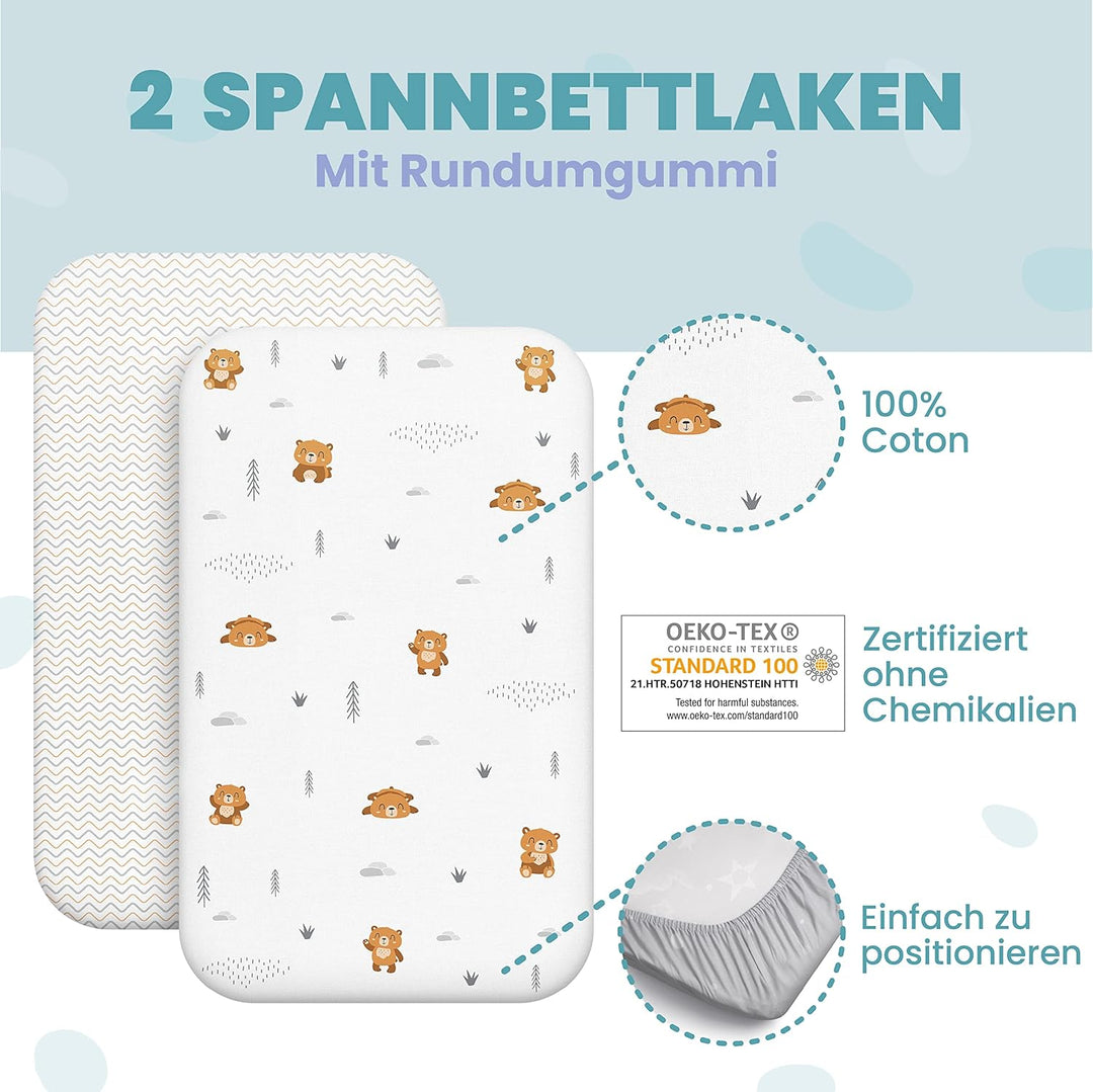 2X Spannbettlaken aus 100% Baumwolle mit Gummiband - 1X Matratzenschoner aus 100% wasserdichtem Mate
