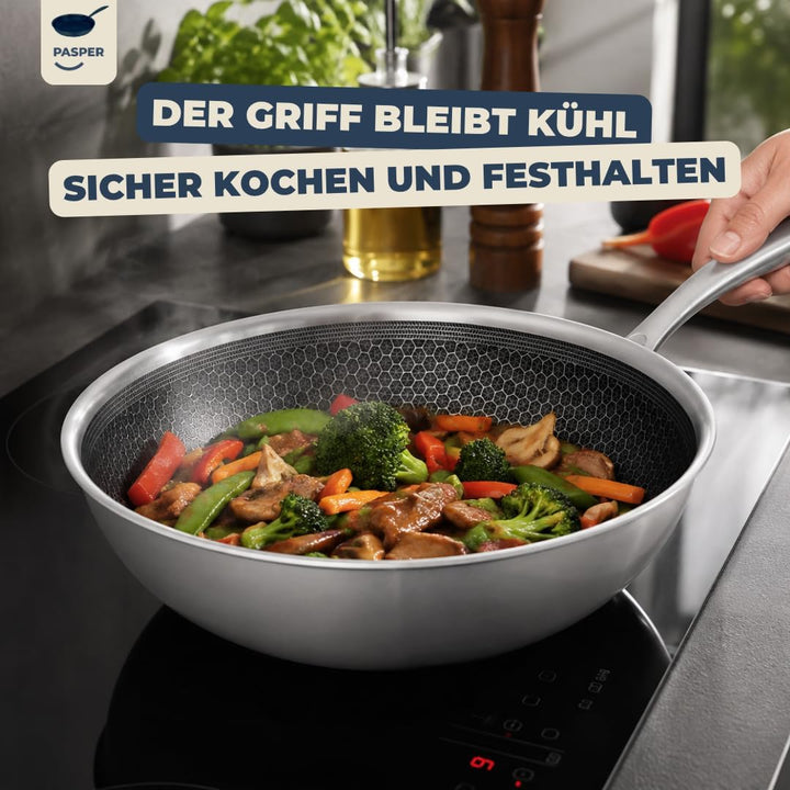 Wokpfanne Ø 28 cm – PFAS-frei – Induktion, Elektro, Keramik, Gas &amp; Backofen – Edelstahlpfanne mit kr