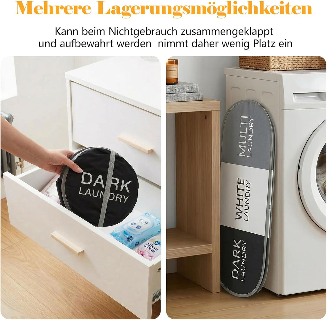 Faltbarer Wäschekorb mit 3 Fächern – Grosser Wäschesammler 99L mit Griffen, Leichte Wäschetasche für