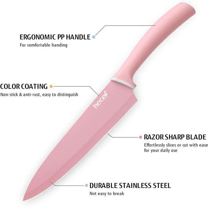hecef 6 Teilig Messer Set, Küchenmesser Set Bunte Non-Stick, Scharfe Messerset Edelstahl, Profi Koch