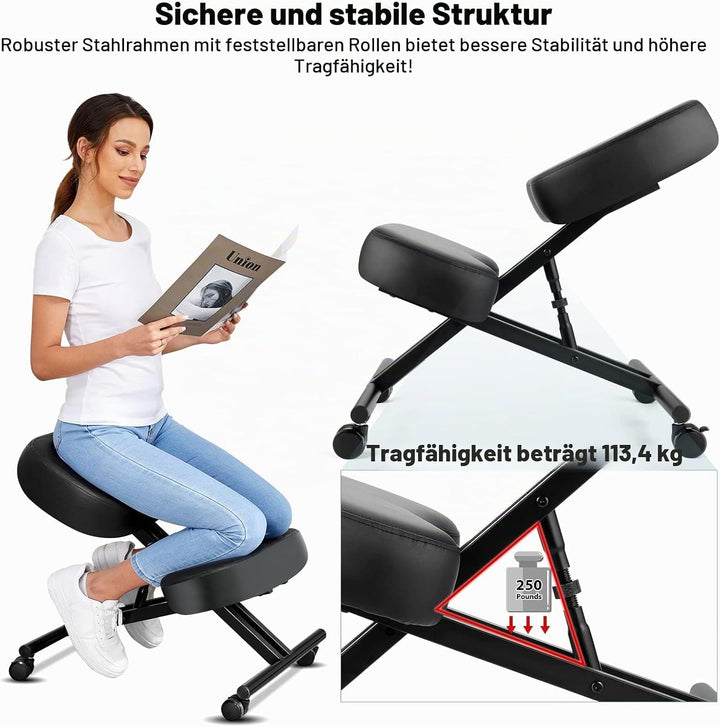Kniestuhl Ergonomischer, Verstellbarer Kniehocker Stuhl für Büro, Metallgestell + Leder Bürostuhl Si