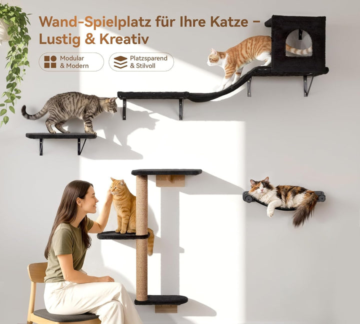 Kletterwand Katzen Set, 4-in-1 Katzen Kletterwand Set, Stabiler Katzenmöbel mit Hängematte, Katzenha