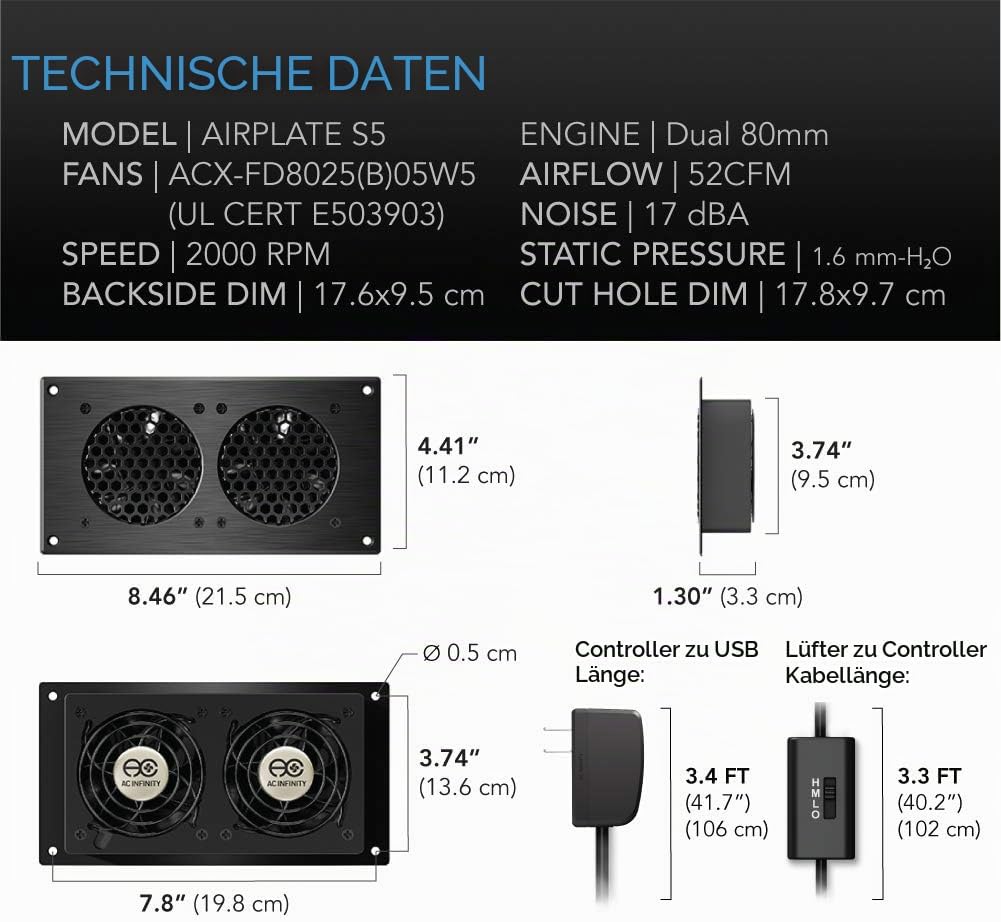 AC Infinity AIRPLATE S5, Leises Kühlventilatorsystem 8 Zoll mit Geschwindigkeitsregelung, für Heimki