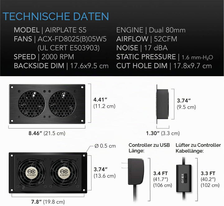 AC Infinity AIRPLATE S5, Leises Kühlventilatorsystem 8 Zoll mit Geschwindigkeitsregelung, für Heimki