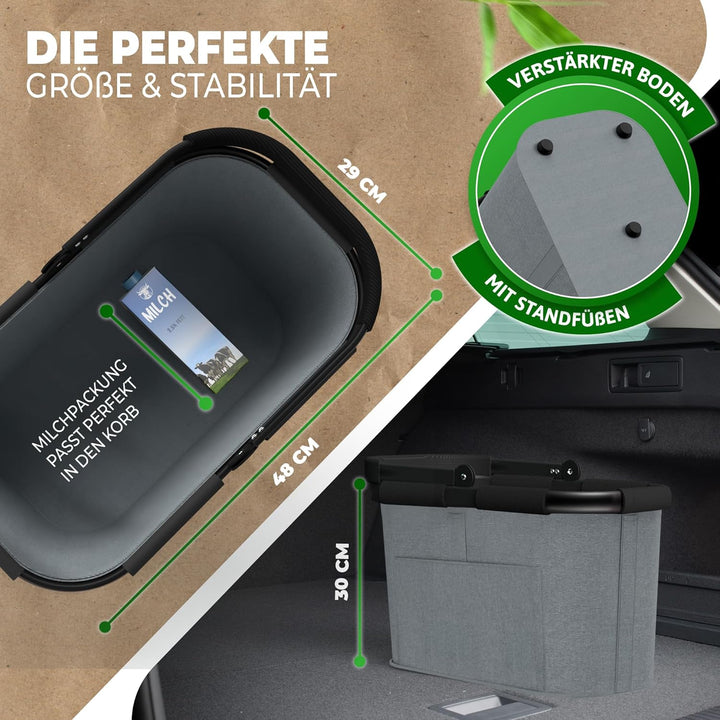 30l stabiler Einkaufskorb gross | Tragekorb mit Henkel und verstärktem Boden, Frontfach und Innentas