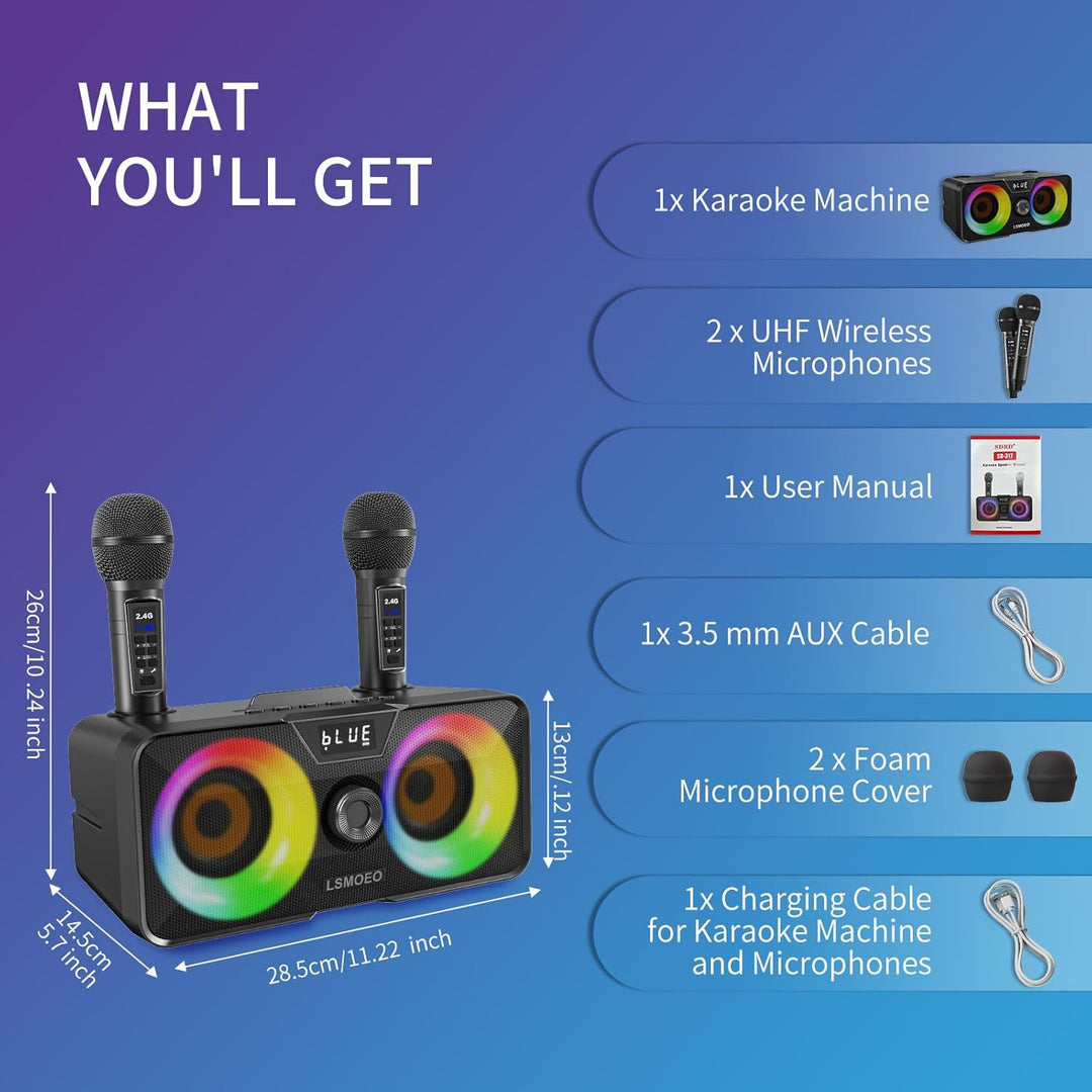 Tragbarer Karaoke Maschine,Karaoke mit 30W Bluetooth Lautsprecher,2 Kabellosen Karaoke-MikrofonWiede