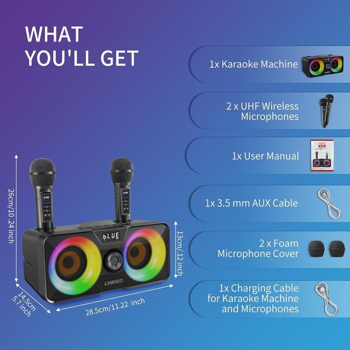 Tragbarer Karaoke Maschine,Karaoke mit 30W Bluetooth Lautsprecher,2 Kabellosen Karaoke-MikrofonWiede