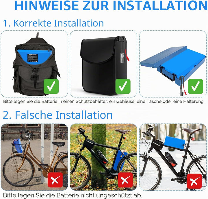 Yasco 48V 20Ah Elektro Fahrrad Akku 1800W Lithium Batterie mit Ladegerät, 50A BMS Schutz PVC Battery