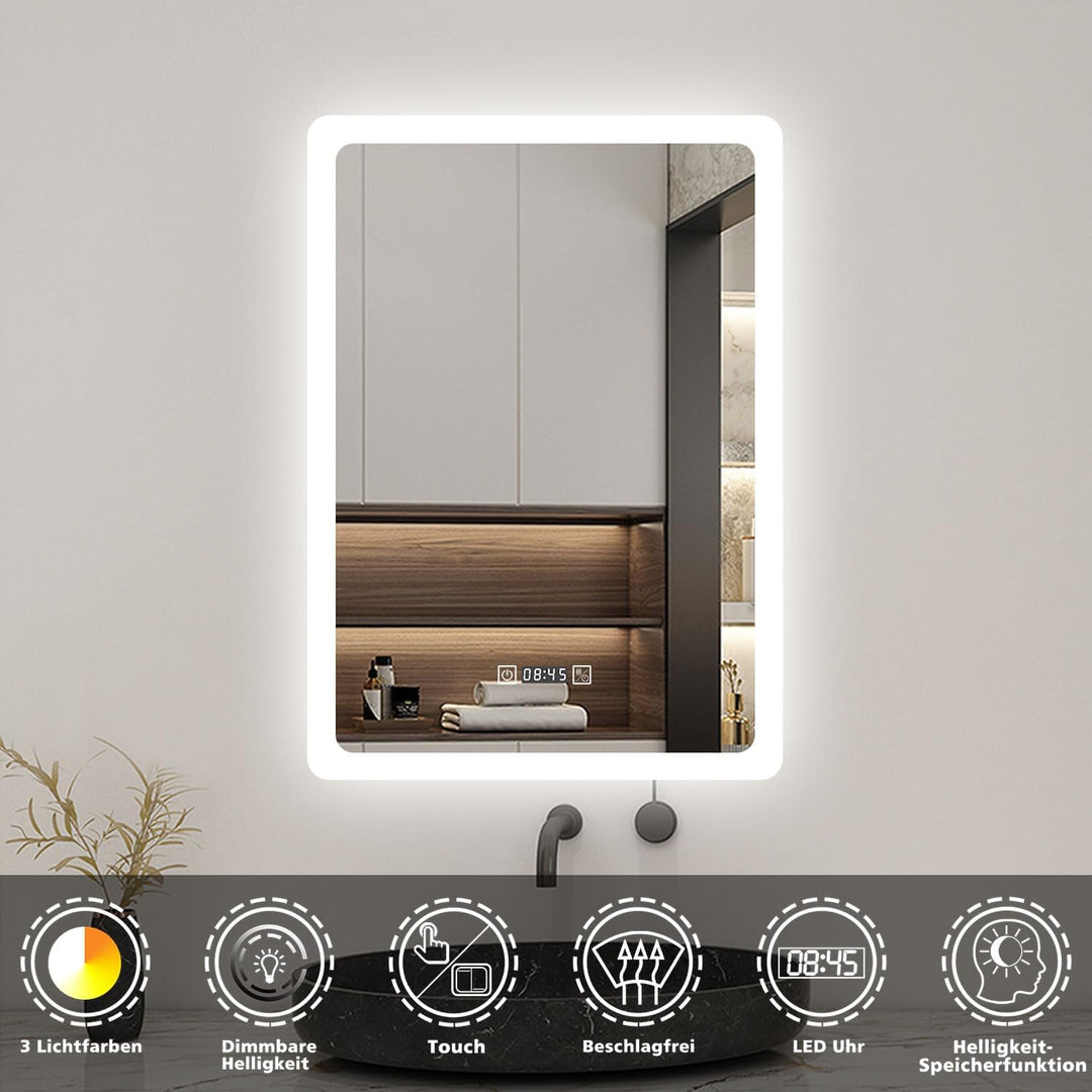 50x70cm LED Badspiegel mit Uhr,Touch,Beschlagfrei,Badspiegel mit Beleuchtung,Badezimmerspiegel mit 3