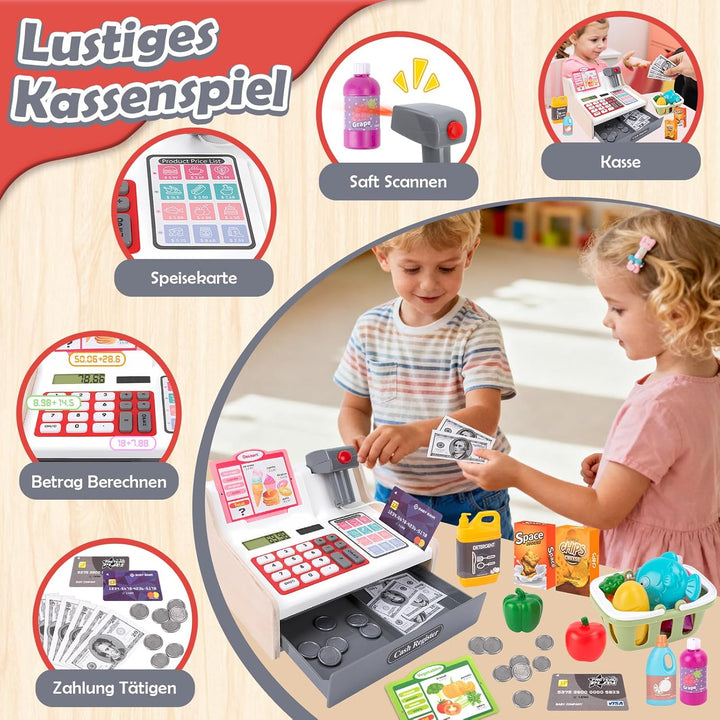 JONRRYIN Holz Kasse Kinder Spielzeug, Spielkasse Kinderkasse mit Scanner & Sound, Spielgeld Einkaufs