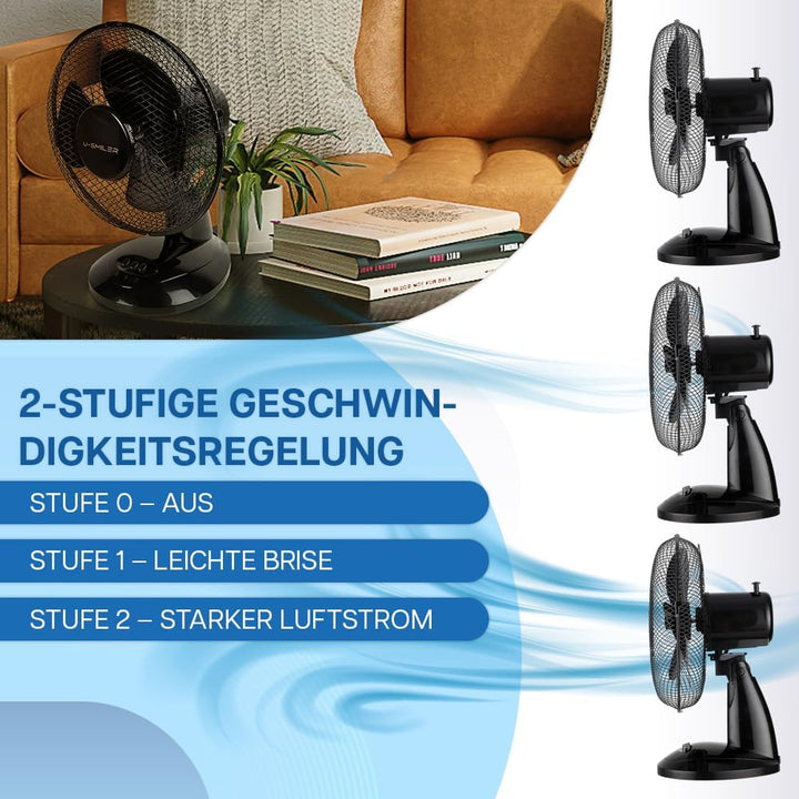 Tischventilator sehr Leise 20W, Ø 28 cm, Ventilator Klein mit Oszillation, 2 Stufen, Höhenverstellba