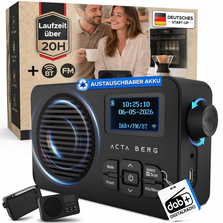 Acta Berg DAB Radio mit Akku 5000mAh austauschbar | Küchenradio mit BT 5.3 | DAB+/UKW-Radio | Digita