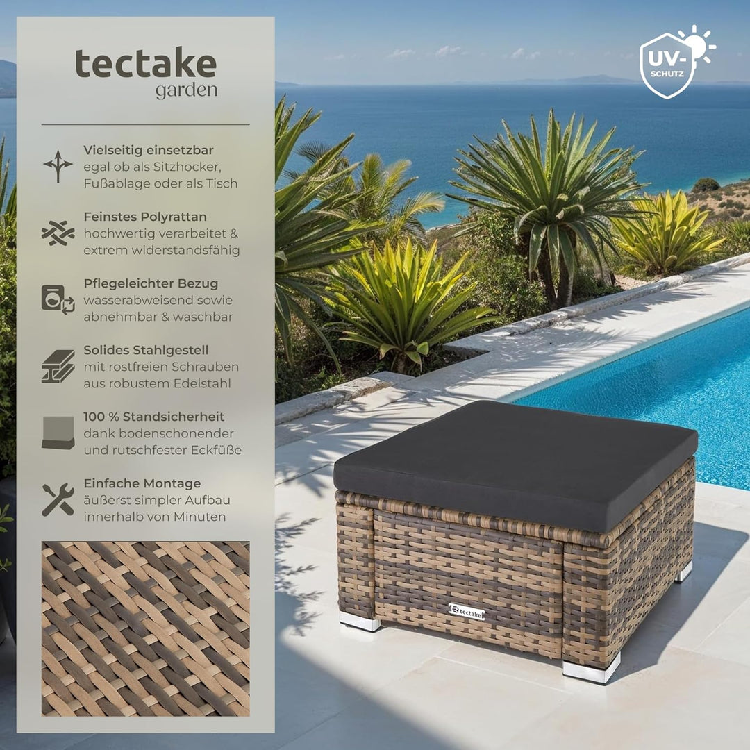 tectake® witterungsbeständiger Outdoor Rattan Hocker mit abnehmbarem Kissen, Lounge Hocker, Balkon M