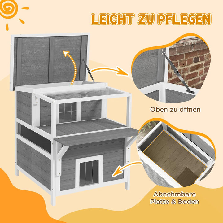 PawHut Katzenhaus aus Holz 2-Etagen Katzenhöhle für Draussen, Katzenhütte mit Aufklappbar Asphaltdac