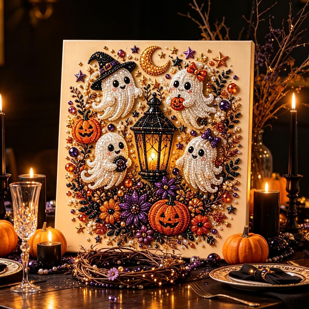 Halloween Perlenkunst Kreativset - 3D Geisterbild | Diamantmalerei | Sauberes Basteln Ohne Kleber -