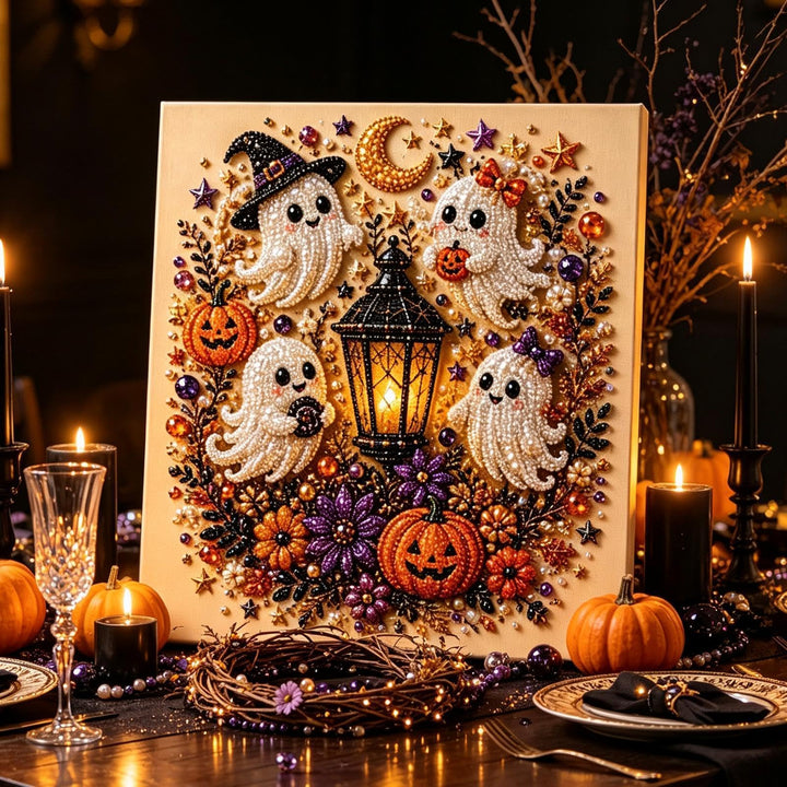 Halloween Perlenkunst Kreativset - 3D Geisterbild | Diamantmalerei | Sauberes Basteln Ohne Kleber -