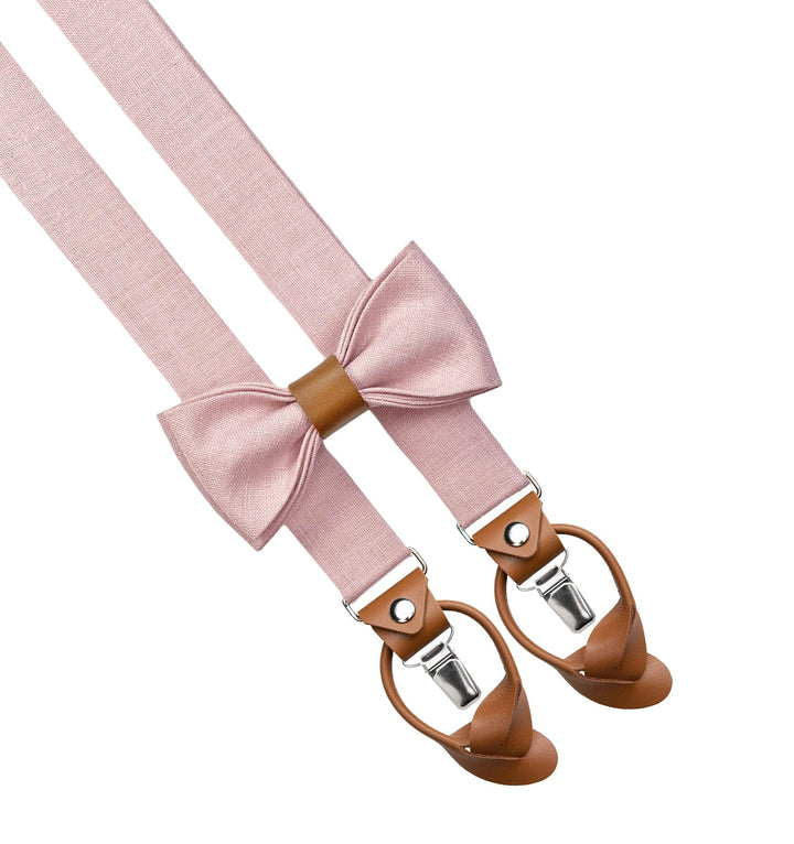 LINILI Leinen Accessoires SET: Fliege und Hosenträger für Herren- mit Leder- Fliege Bereits gebunden